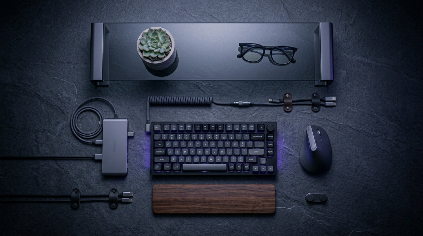 Flat lay of ergonomic home office accessories including mechanical keyboard, wrist rest, vertical mouse, USB-C hub, blue light glasses, and cable management clips on dark surface